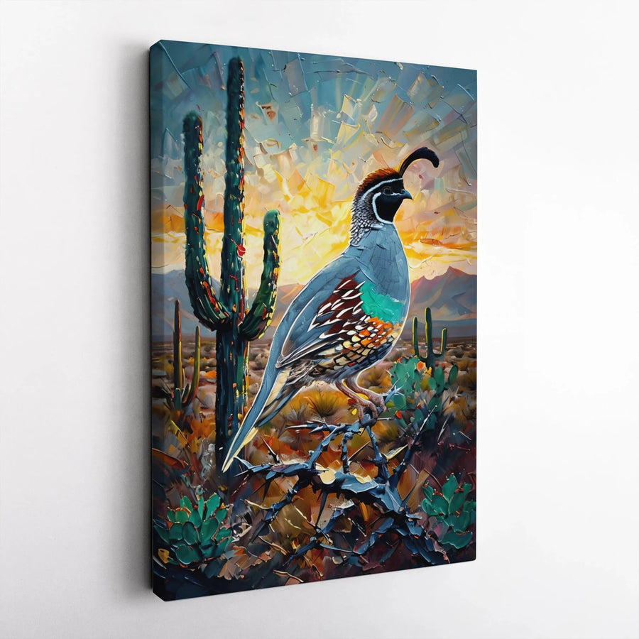Desert Quail Wall Art | Impasto Saguaro Cactus Canvas Print | 1.25 Inch Gallery Wrap | Southwestern Home Decor Gift