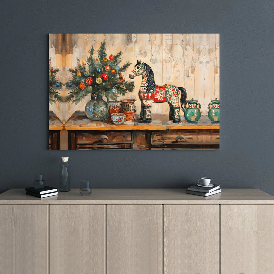 Vintage Folk Art Christmas Canvas Print | Dala Horse Holiday Still Life | 1.25” Thick Gallery Wrap | Ready to Hang Seasonal Home Decor
