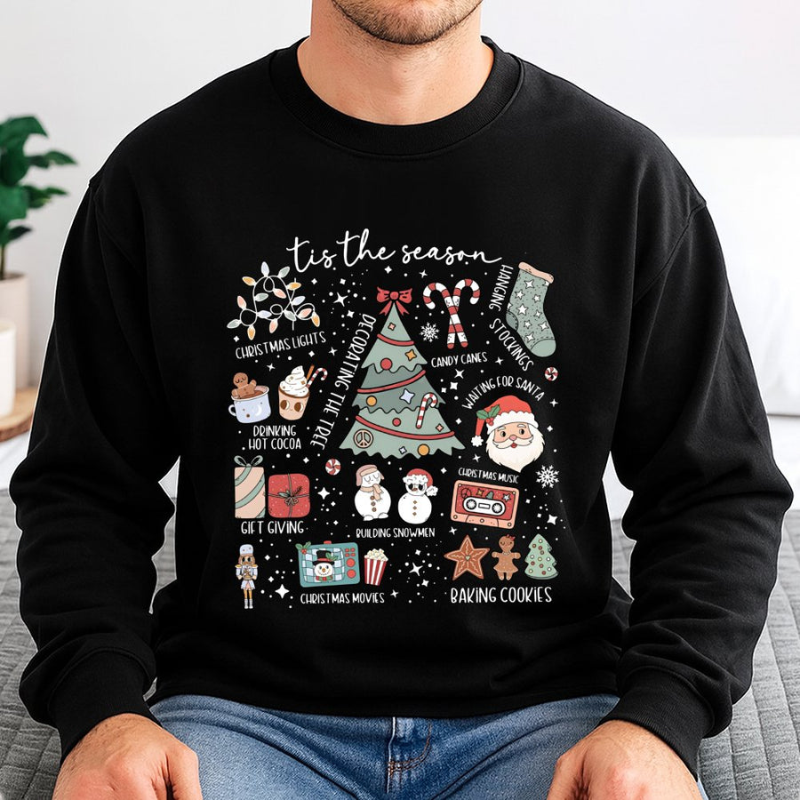 Tis The Season Christmas Sweatshirt | Holiday Icons Graphic Design | Premium Cotton Blend | Cozy Gift For Women And Men