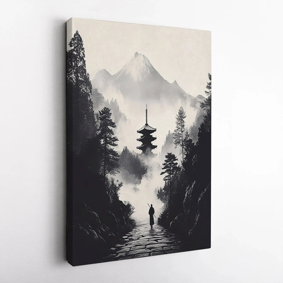 Japanese Samurai Wall Art | Black and White Mountain Pagoda Landscape | Premium Gallery Canvas | Zen Home Office Decor