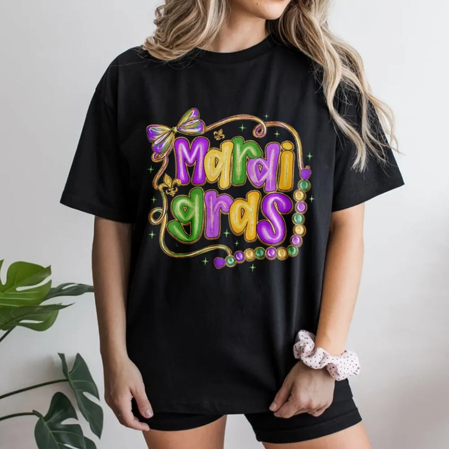Mardi Gras T-Shirt | New Orleans Carnival Beads & Bow Design | Premium Soft Cotton | Festive Party Apparel for Women and Men