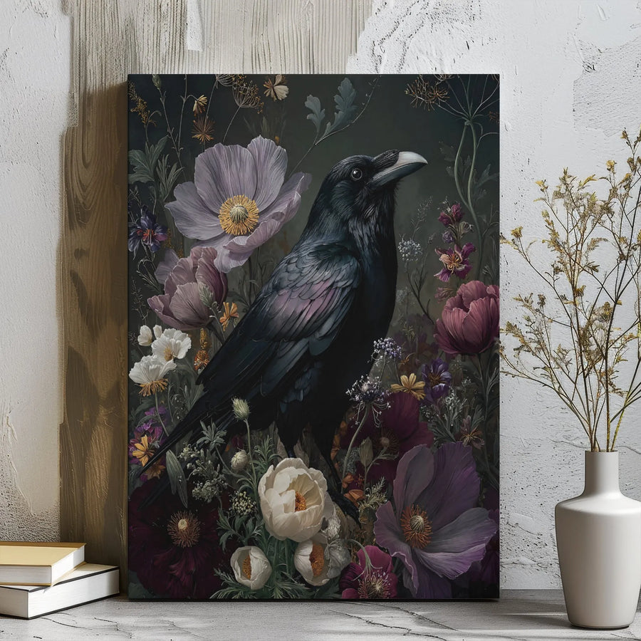 Raven Wall Art Canvas | Moody Gothic Floral Botanical Print | Premium Gallery Wrap Decor | Dark Academia Home Gift