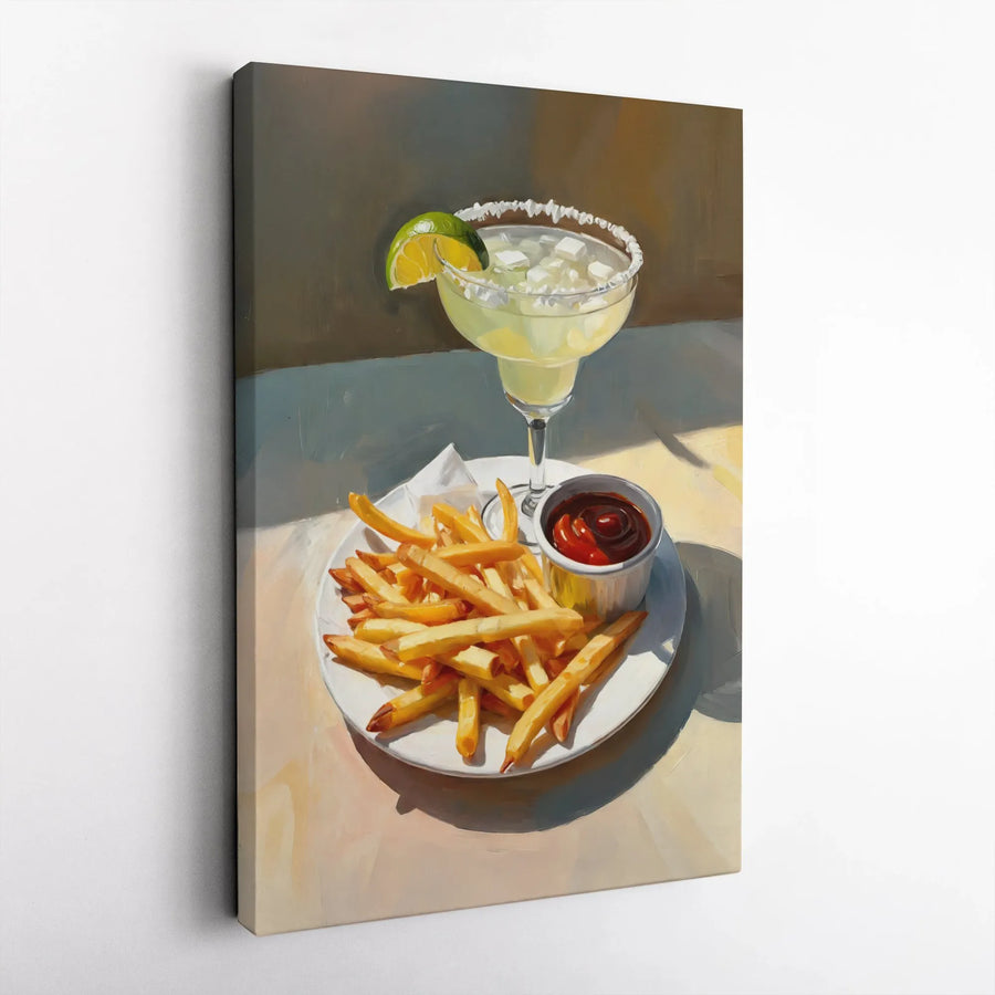 Margarita and Fries Canvas Wall Art | Vibrant Cocktail & Appetizer Painting | Premium Frameless Canvas | Kitchen & Bar Decor Gift