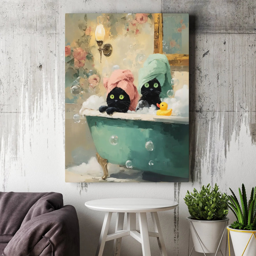 Funny Black Cat Canvas Wall Art | Cats in Bathtub Oil Painting Style | Premium Gallery Wrapped Canvas | Bathroom Decor Gift for Cat Lover