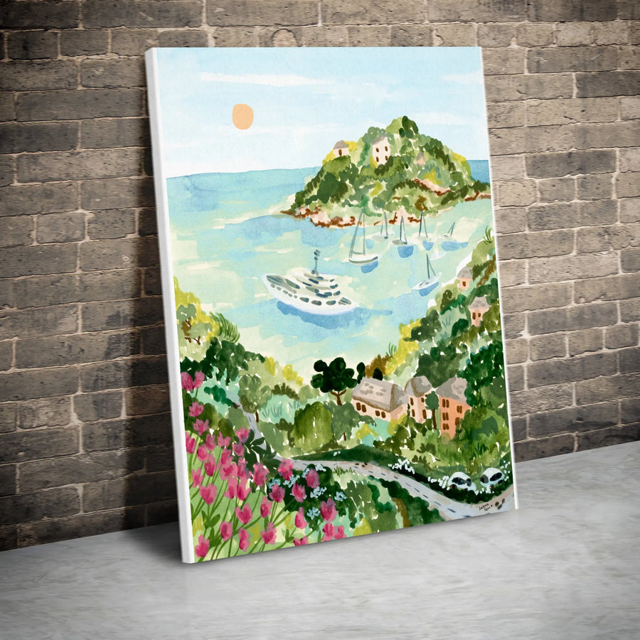 Portofino Italy Vertical Canvas | Watercolor Coastal Seascape Painting | Premium Thick Gallery Wrap | Travel Lover Wall Decor Gift