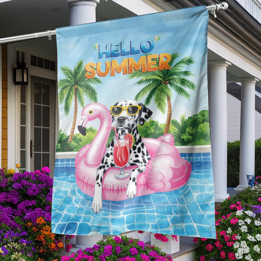 Hello Summer Garden Flag | Dalmatian Dog Pool Party Flamingo Design | Weather-Resistant Polyester | Seasonal Garden Decor Gift