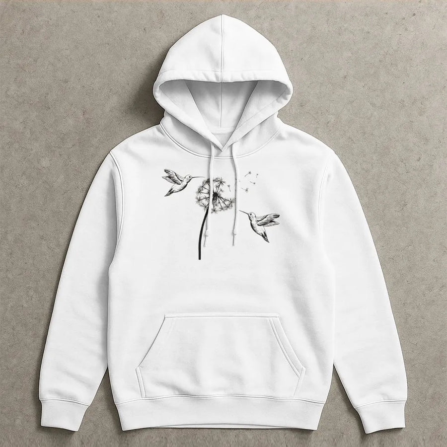 Hummingbird Dandelion Hoodie | Artistic Nature Graphic Print | Soft Cotton-Poly Blend | Cozy Botanical Gift for Bird Lovers