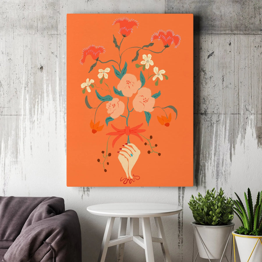 Hand Holding Flowers Vertical Canvas Print | Vibrant Retro Floral Bouquet Illustration | Premium High-Resolution Print | Modern Living Room Wall Art Gift