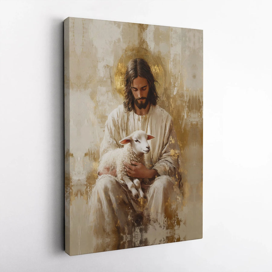 Jesus With Lamb Canvas Wall Art | Golden Halo Religious Portrait | Gallery-Wrapped Premium Print | Spiritual Home Decor & Christian Gift