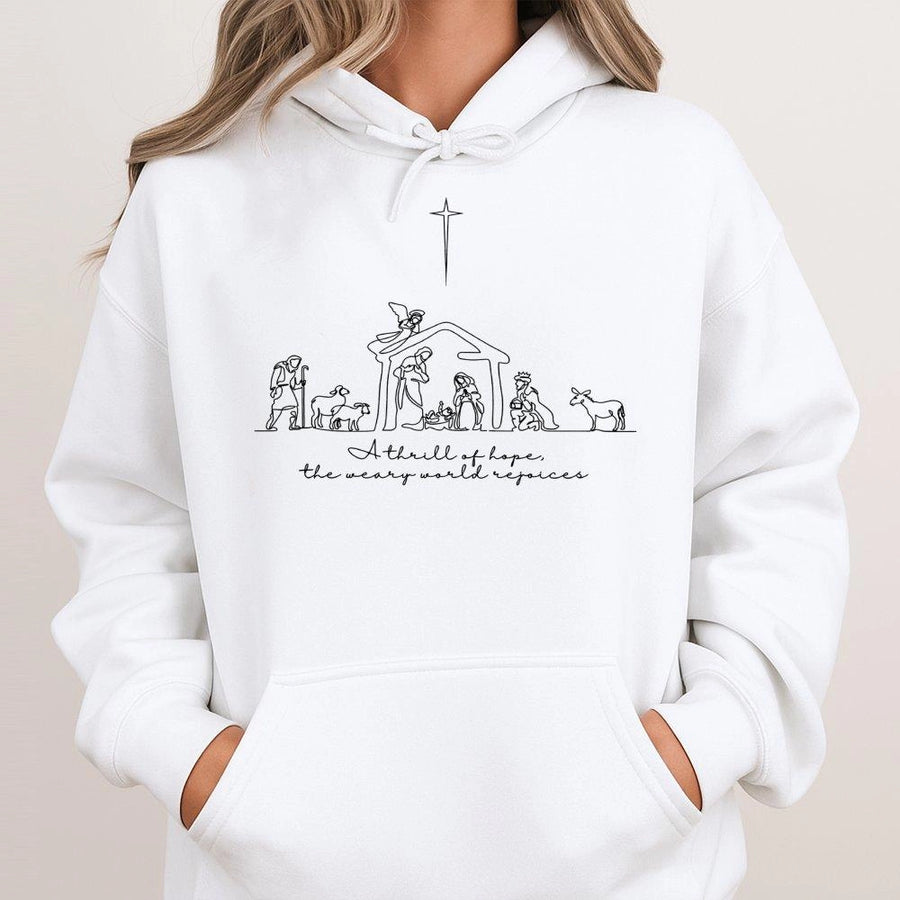 Nativity Scene Hoodie | A Thrill Of Hope Minimalist Design | Premium Cotton Blend | Christian Christmas Gift For Men And Women