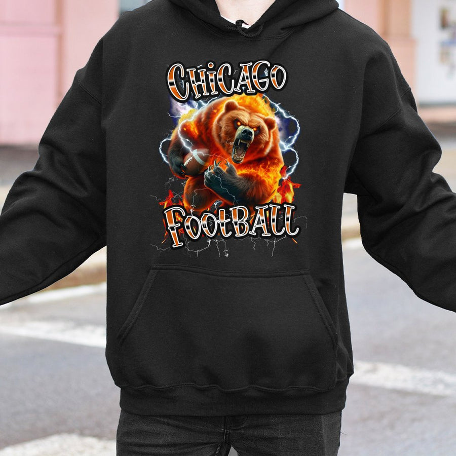 Chicago Football With Roaring Flaming Bear And Lightning Hoodie