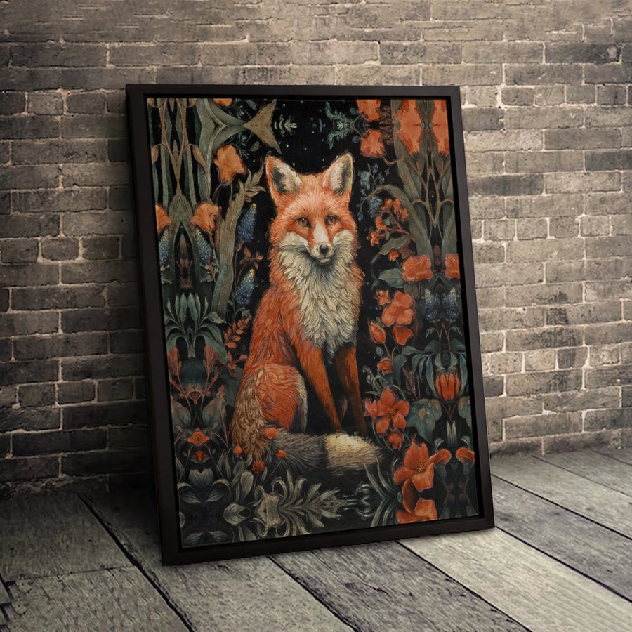 Red Fox Canvas Wall Art | Dark Botanical Floral Print | Gallery Wrapped 1.25 Inch Premium Decor | Woodland Animal Gift for Home Office