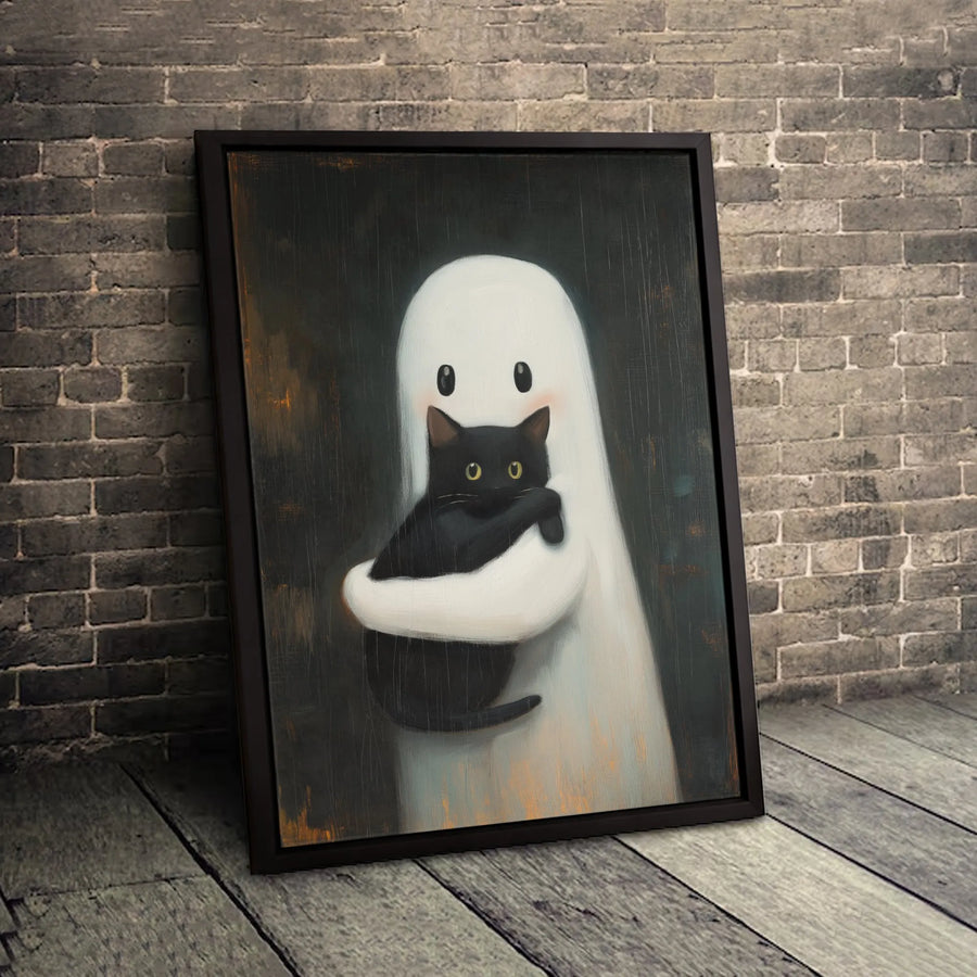 Cute Ghost Holding Black Cat Canvas | Whimsical Spooky Animal Wall Art | Premium Gallery Wrapped | Perfect Halloween Decor Gift