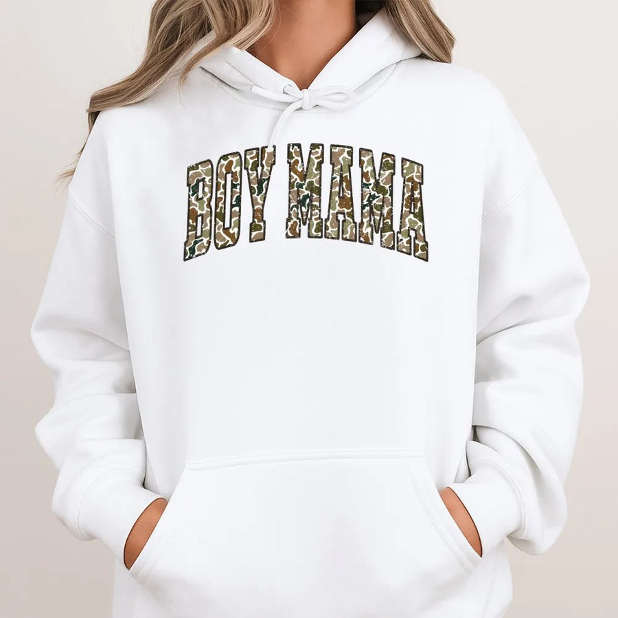 Boy Mama Hoodie | Camo Varsity Letter Graphic | Premium Cotton Blend | Gift for Boy Mom New Parent Apparel