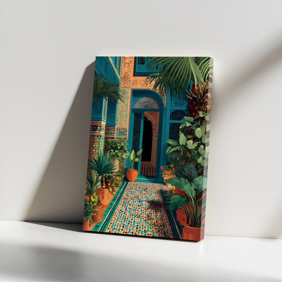 Moroccan Riad Canvas Wall Art | Vibrant Tiled Courtyard with Palm Trees | Premium Gallery Wrapped Print | Exotic Travel Home Decor Gift