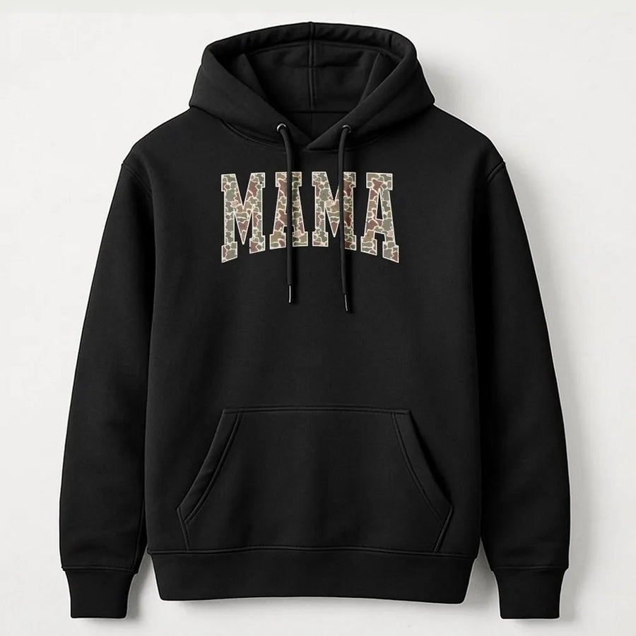 Mama Hoodie Camo Lettering | Retro Varsity Style Graphic | Soft Cotton-Polyester Blend | Trendy Mother's Day 2026 Gift For Mom And New Moms