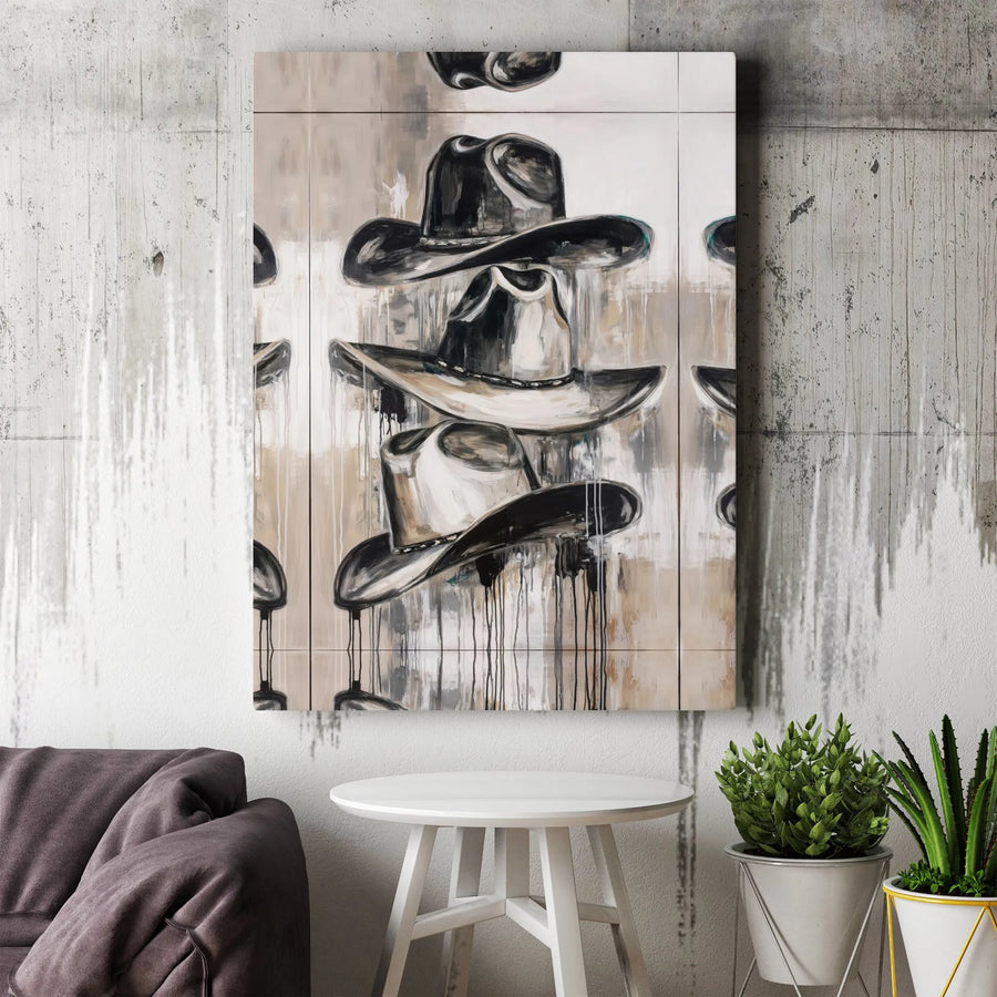 Stacked Cowboy Hat Wall Art | Abstract Western Drip Painting | Premium Gallery Wrap Canvas | Rustic Home Decor Gift for Cowgirl