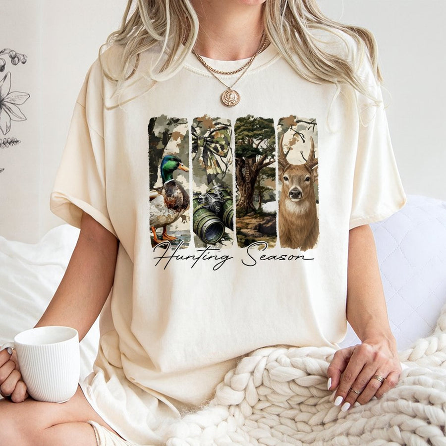 Hunting Season T-Shirt | Retro Camo Coquette Bow Deer & Duck Design | Premium 100% Cotton Apparel | Gift for Outdoor Enthusiasts & Hunters
