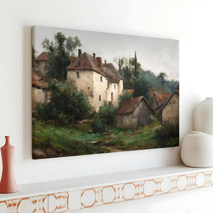 Vintage Countryside Canvas Print | Rustic European Village Oil Painting | Premium Fade-Resistant Print | Collector's Living Room Wall Decor