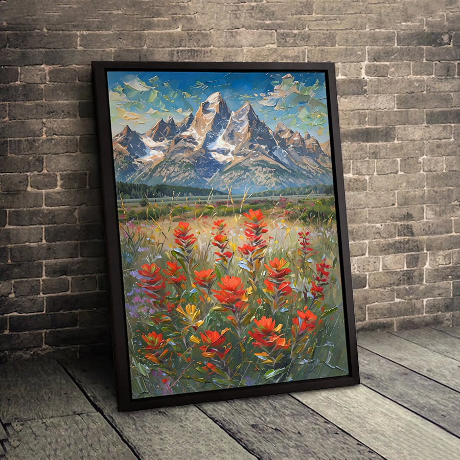 Mountain Landscape Canvas Print | Impasto Oil Painting Style with Red Wildflowers | Premium Gallery-Wrapped 1.25" Profile | Nature Wall Art for Living Room Decor