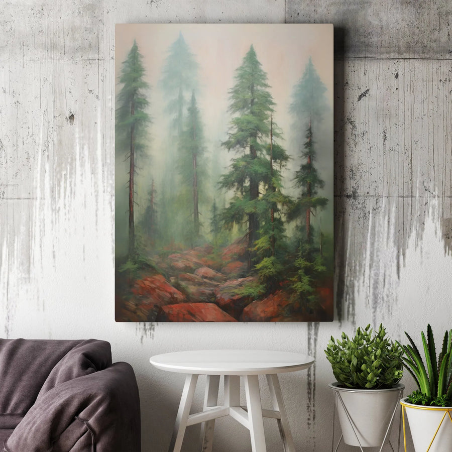 Misty Forest Canvas Wall Art | Atmospheric Pine Tree Landscape | Premium Gallery Wrapped Canvas | Modern Rustic Home Decor Gift