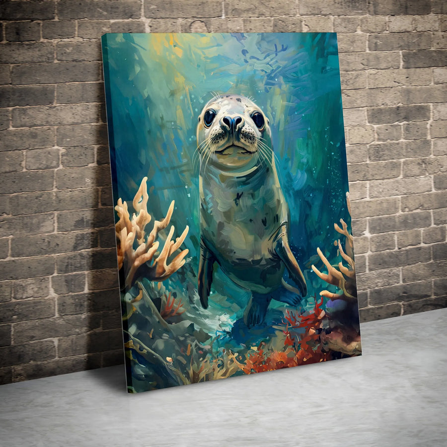 Cute Seal Canvas Wall Art | Whimsical Ocean Coral Reef Painting | 1.25-Inch Gallery Wrap Print | Coastal Home Decor Gift for Animal Lovers