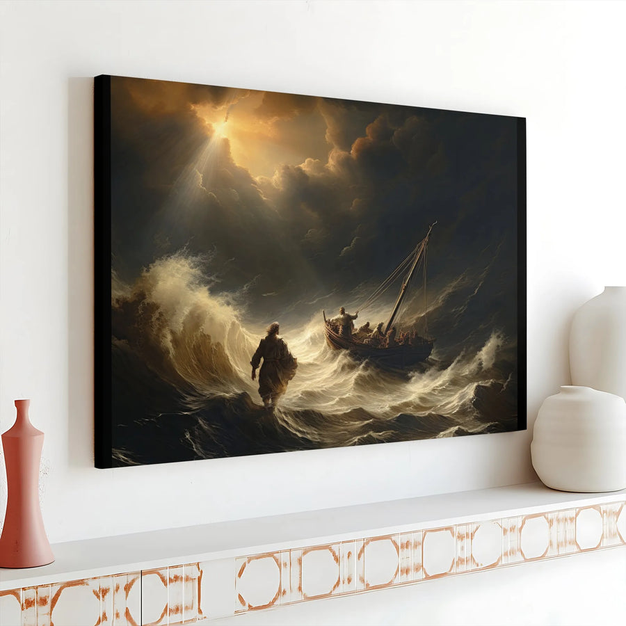 Jesus Walking On Water Canvas | Biblical Storm At Sea Wall Art | Premium 1.25" Gallery Wrap | Religious Christian Home Decor Gift