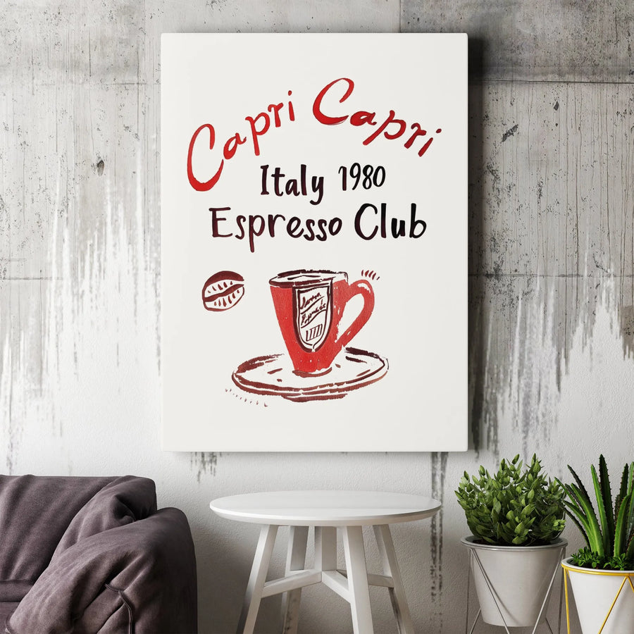 Capri Italy Espresso Club Canvas Wall Art | Retro 1980 Coffee Shop Poster | Premium Gallery Wrap Print | Kitchen & Coffee Bar Decor Gift