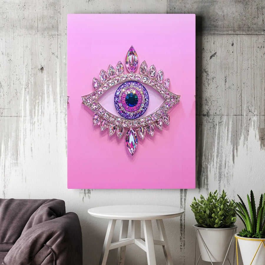 Pink Evil Eye Wall Art | Glamorous Jeweled Crystal Design | Premium Gallery-Wrapped Canvas | Modern Spiritual Home Decor Gift
