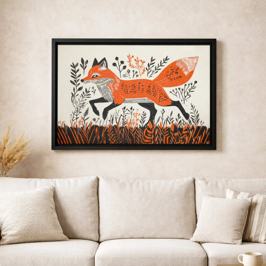 Fox Canvas Wall Art | Mid-Century Modern Linocut Illustration | Premium Fade-Resistant Print | Wildlife Nature Decor Gift for Nature Lovers