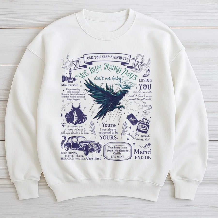 Rainy Days Raven Sweatshirt | Gothic Aesthetic Bookish Quote | Soft Cotton Blend Unisex Pullover | Romantic Dark Academia Gift for Readers