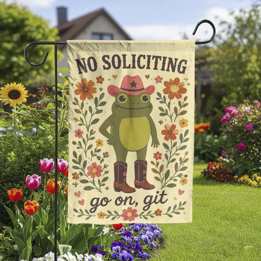 Funny No Soliciting Garden Flag | Whimsical Cowboy Frog Go On Git Design with Retro Florals | Double Sided Premium Polyester | Hilarious Housewarming Gift for Outdoor Yard Patio Decor