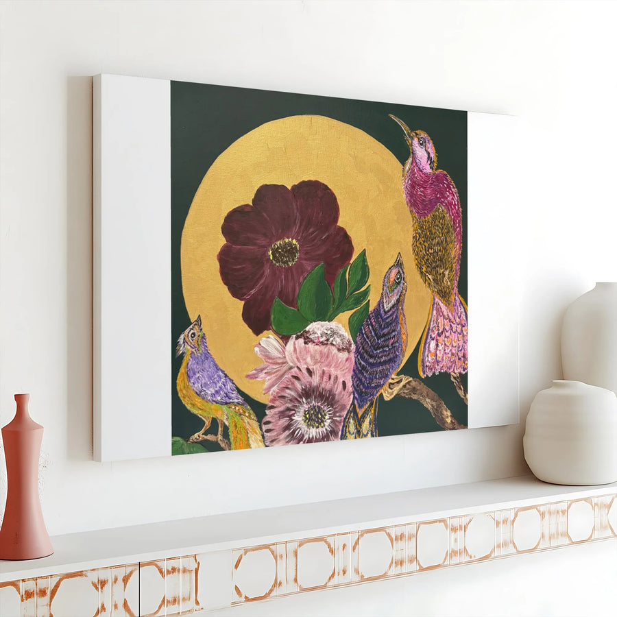 Bohemian Birds Canvas Wall Art | Vibrant Floral and Gold Moon Print | Premium Fade-Resistant Print | Eclectic Home Decor Gift