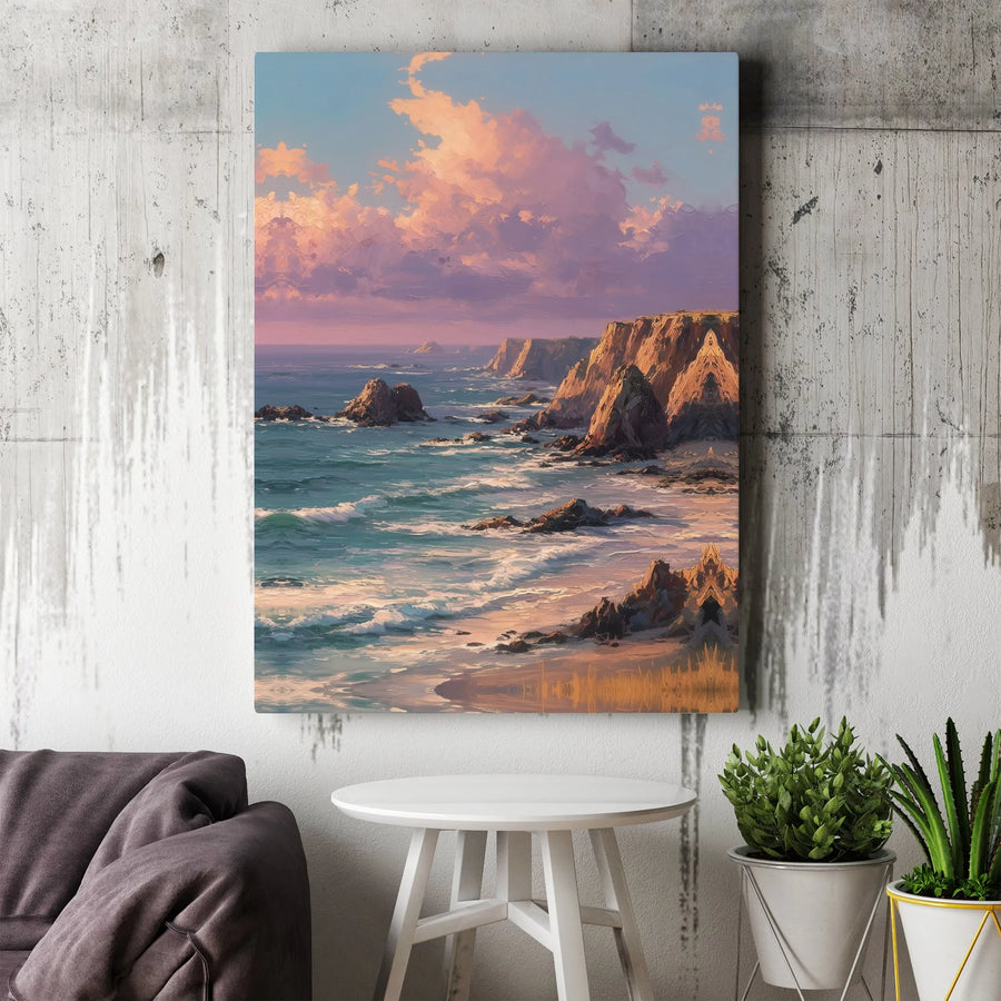 Coastal Cliffs Canvas Wall Art | Sunset Ocean Waves Oil Painting Style | Premium Gallery Wrap Decor | Nature Landscape Gift For Home Office