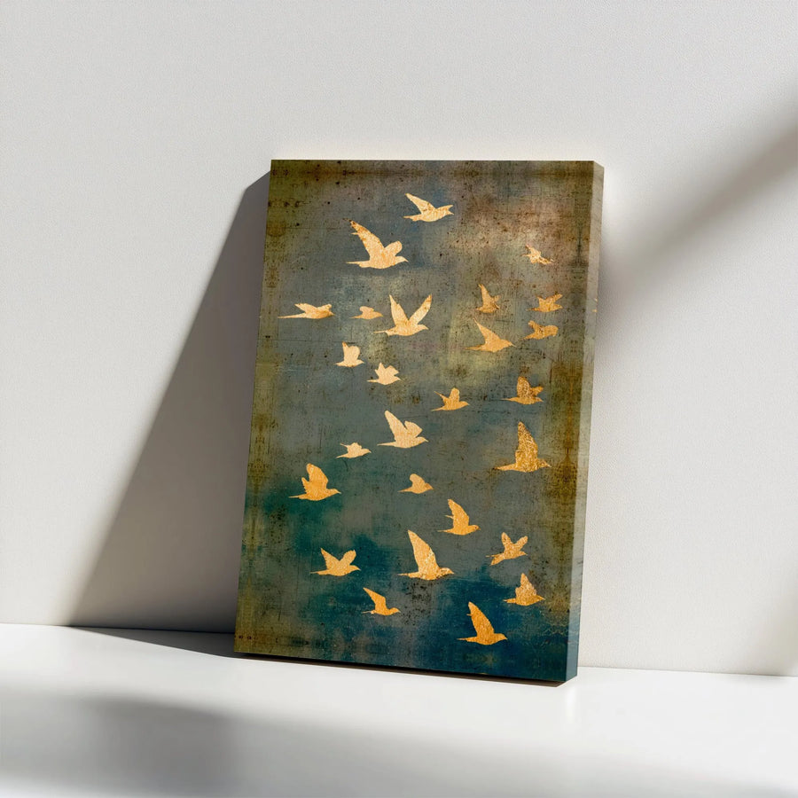 Golden Birds Wall Art | Distressed Teal Vintage Flock Canvas | Premium Gallery Wrapped Decor | Nature Lover Home Office Gift