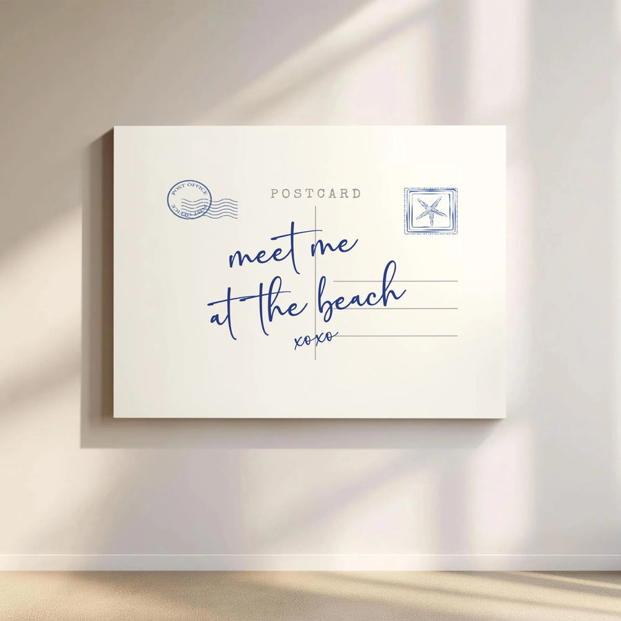 Meet Me at The Beach Canvas Wall Art | Vintage Postcard Script Design | Premium Gallery Wrapped Canvas | Coastal Home Decor Gift for Beach Lovers