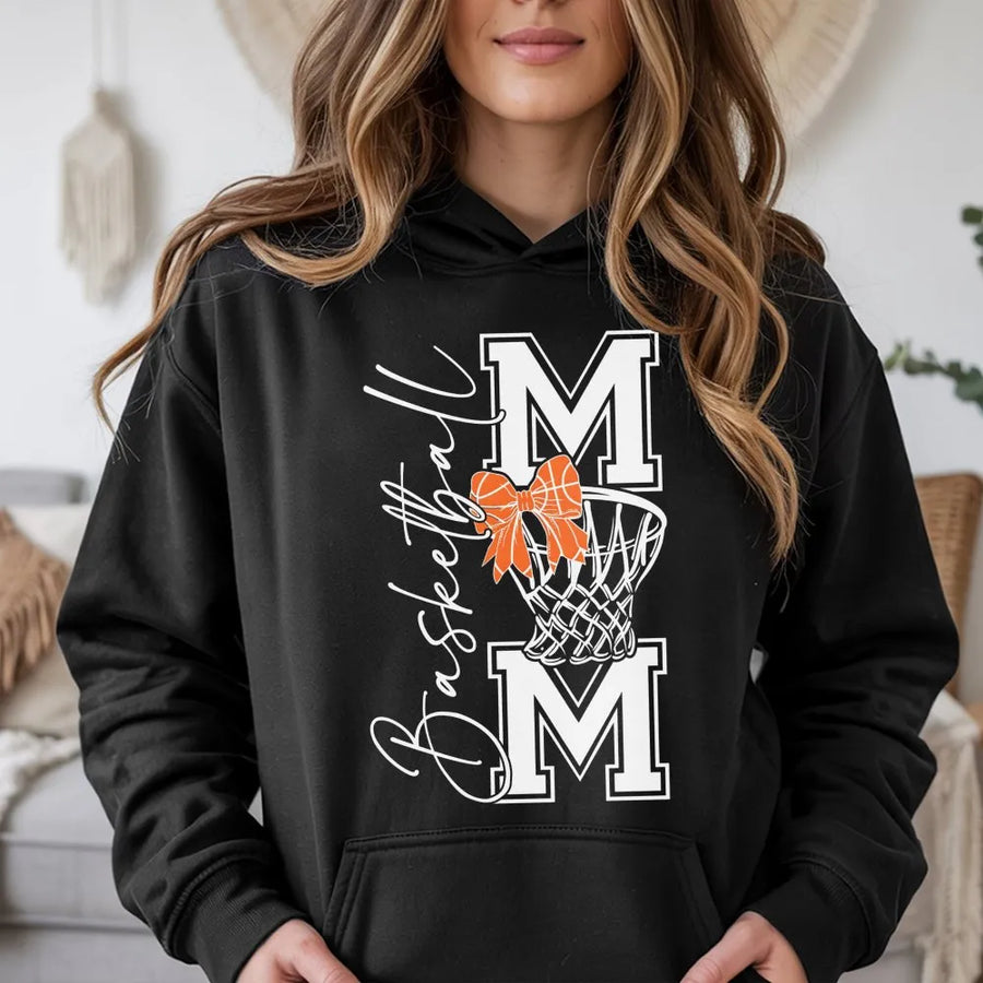 Basketball Mom Hoodie | Bow Basketball Graphic Design | Premium Cotton Blend Fleece | Gift for Basketball Mama & Fan