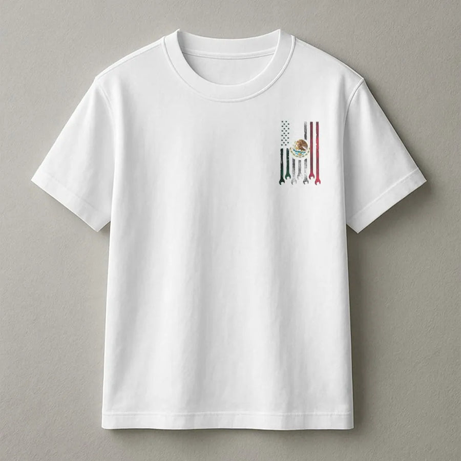 Mexican American Flag T-Shirt | Combined USA Mexico Roots Graphic | Soft Cotton Blend Pullover | Patriotic Heritage Gift for Men