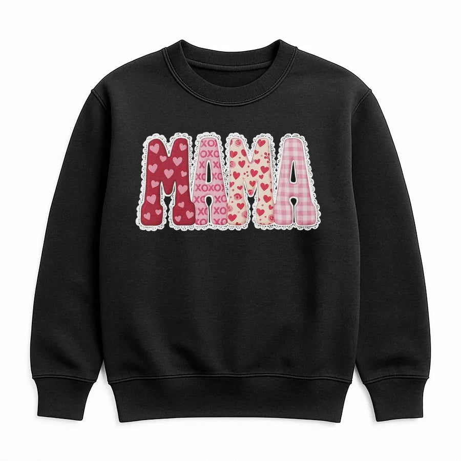 Mama Valentine Sweatshirt | Pink Heart Pattern & Gingham Graphic | Premium Cotton Blend | Gift for New Mom, Wife, or Girlfriend