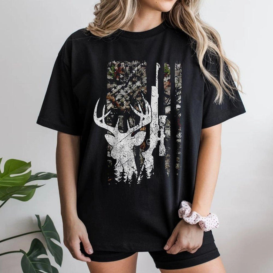 Deer Hunting T-Shirt | Camo American Flag Buck Graphic | 100% Cotton Premium Tee | Patriotic Gift for Hunters and Outdoorsmen