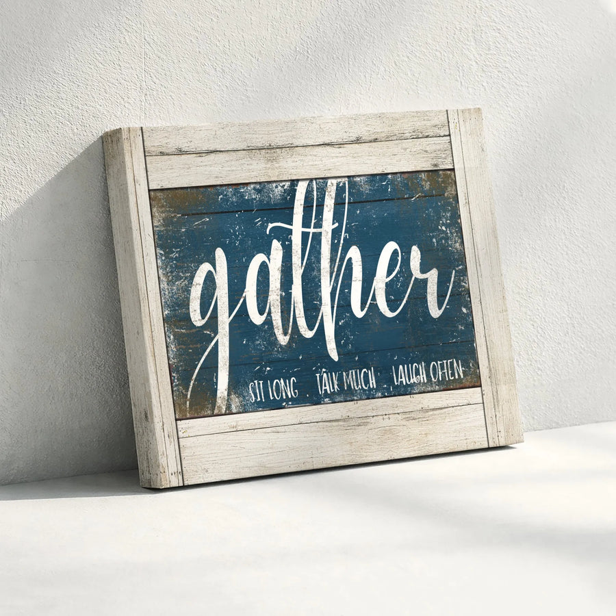 Gather Sign Farmhouse Wall Art Horizontal Canvas | Rustic Blue Faux Wood Design Print | Premium 1.25 Inch Stretched Gallery Wrap | Perfect Cozy Housewarming Gift for Family Dining Room