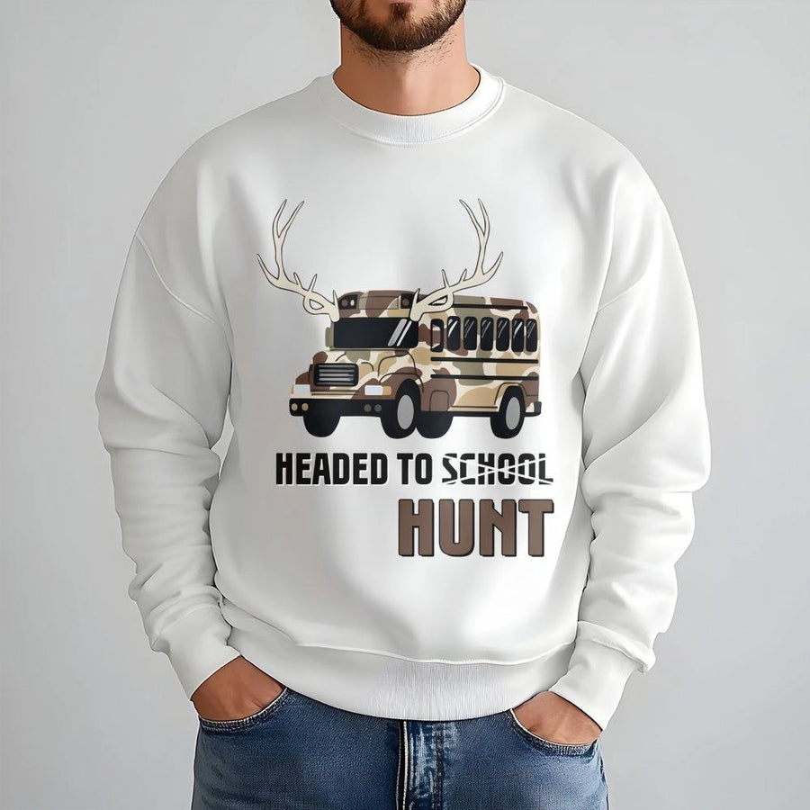 Headed To School Hunt Sweatshirt | Camo School Bus Deer Antlers Graphic | Premium Cotton Blend | Gift For Hunter Country Boys & Teens