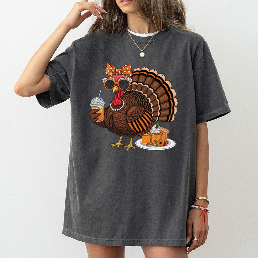 Funny Thanksgiving Turkey T-Shirt | Pumpkin Spice Latte & Pie Graphic | 100% Cotton Premium Tee | Cute Fall Festival Gift for Women & Girls