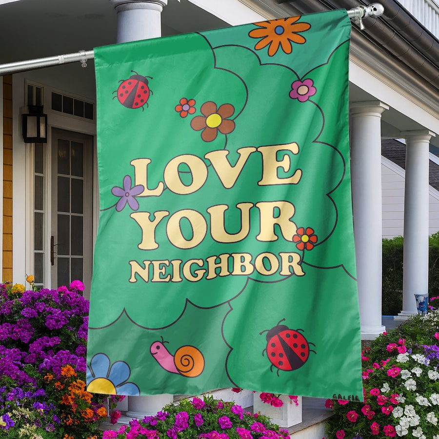 Love Your Neighbor Garden Flag | Retro Floral Ladybug House Flag | Weather Resistant Polyester | Decorative Outdoor Decor Gift for Home
