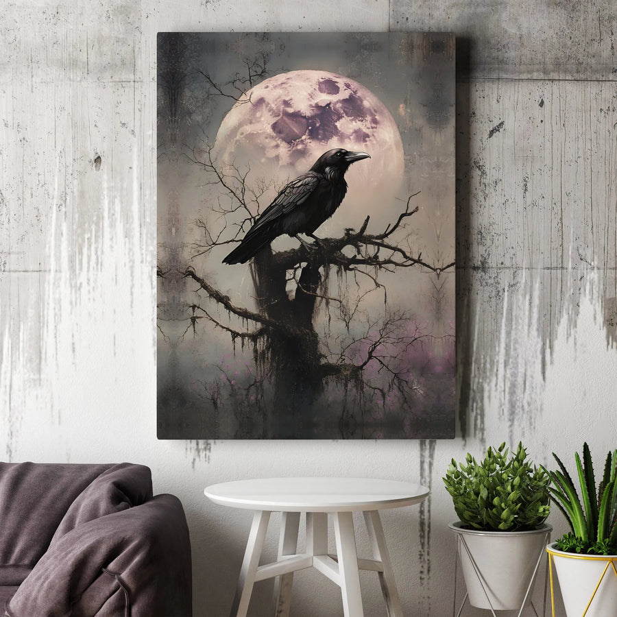 Gothic Raven Canvas Print | Spooky Moon Wall Art | Premium Fade-Resistant Gallery Wrap | Dark Academia Decor For Home Office