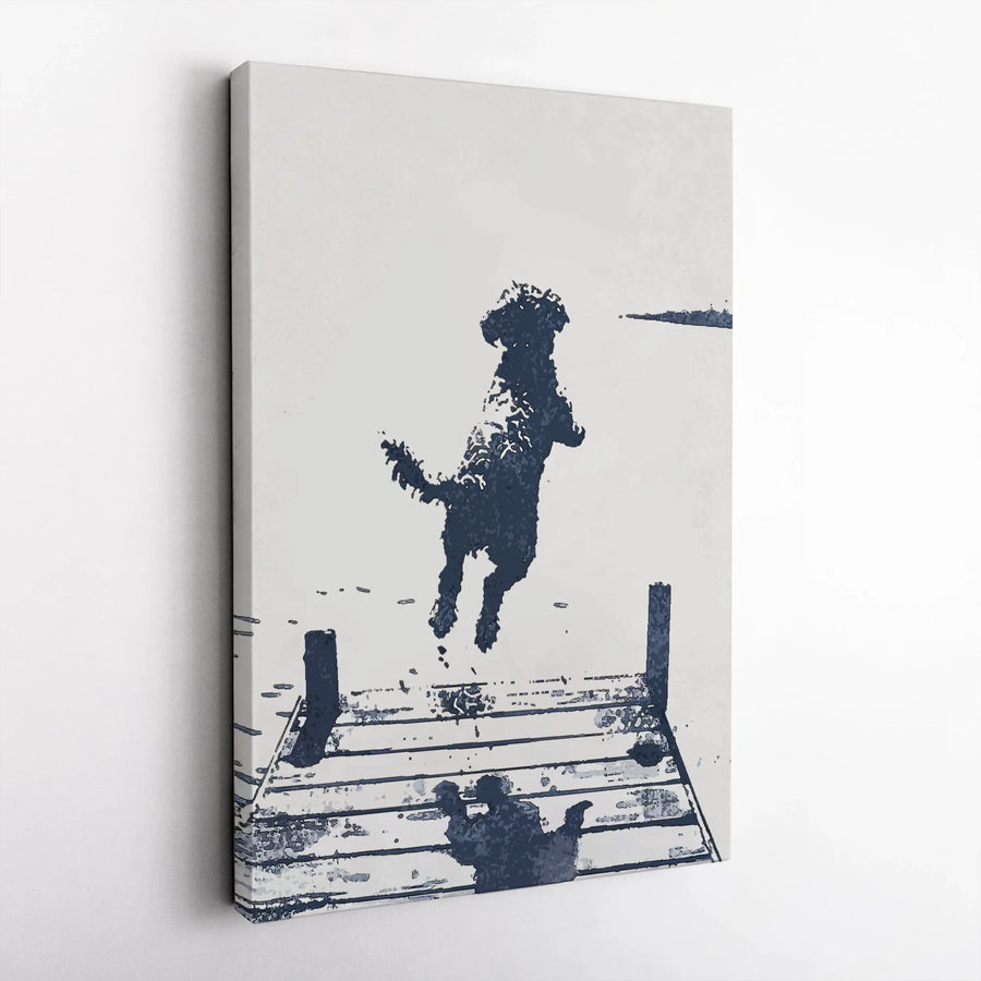 Dog Jumping Off Dock Canvas Print | Minimalist Lake Silhouette Art | 1.25-Inch Gallery Wrap | Premium Home Decor Gift for Dog Lovers