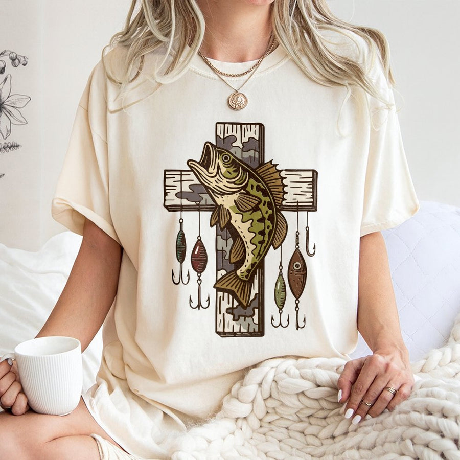 Fishing Cross Graphic T-Shirt | Faith Based Bass Fish Lure Design | 100% Cotton Premium Comfort | Unique Christian Outdoor Gift for Men and Women