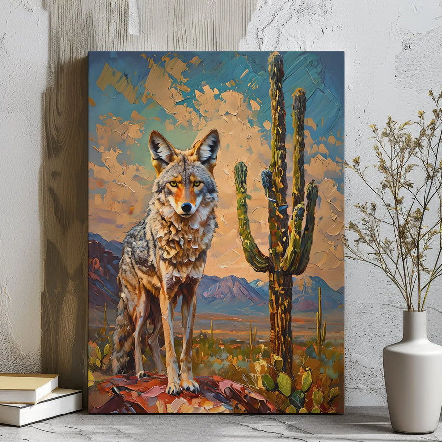 Coyote Desert Canvas Art | Southwestern Saguaro Cactus Impasto Print | Premium Gallery Wrap Wall Decor | Rustic Modern Living Room Artwork