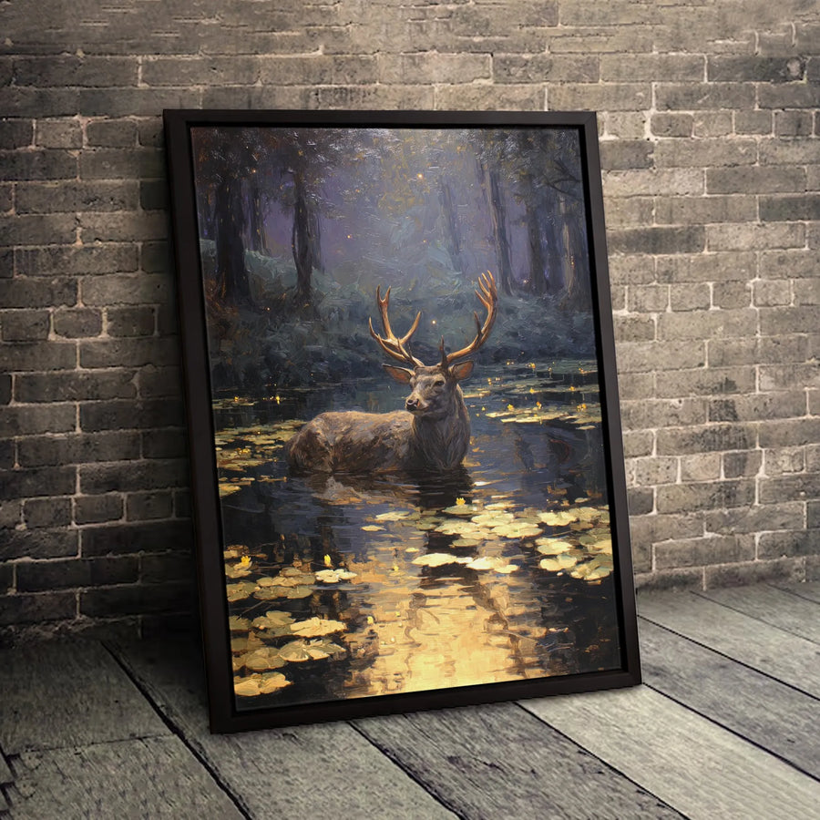 Majestic Deer Canvas Wall Art | Mystical Forest Pond Oil Painting Style | Premium Fade-Resistant 1.25 Inch Profile | Nature Lover Home Decor Gift