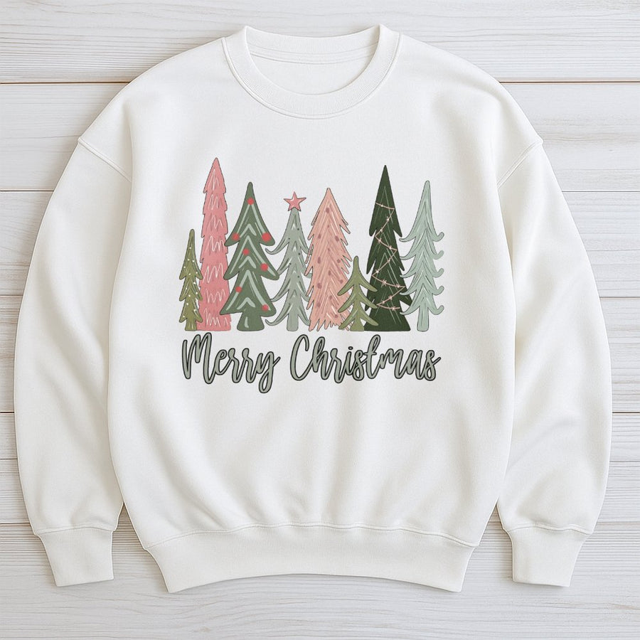 Merry Christmas Tree Sweatshirt | Hand-Drawn Minimalist Forest Graphic | Premium Cotton Blend | Cozy Holiday Apparel Gift for Women & Men